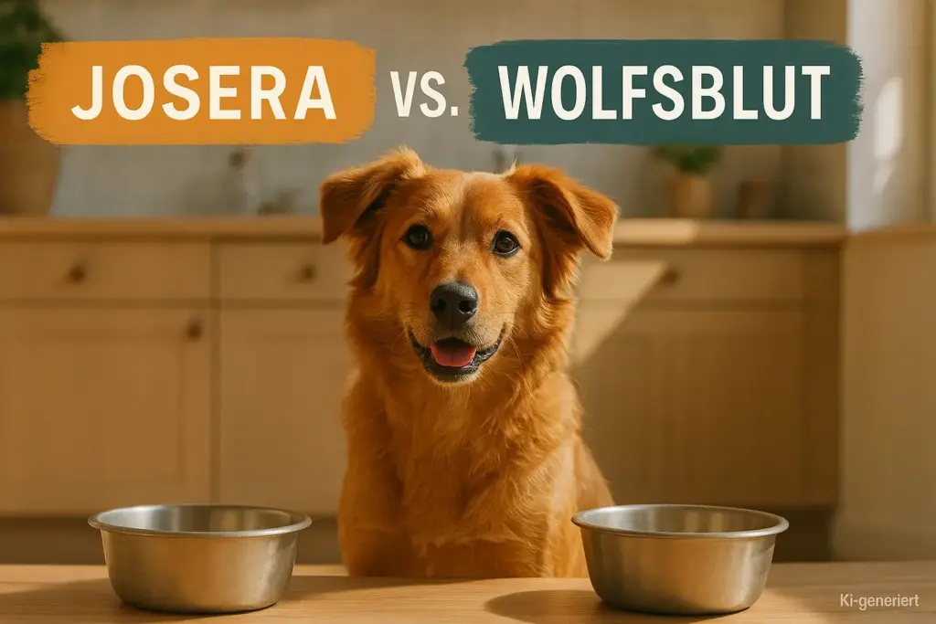 KI-generiertes Vergleichsbild mit Hund, Futternäpfen und der Überschrift Josera VS. Wolfsblut