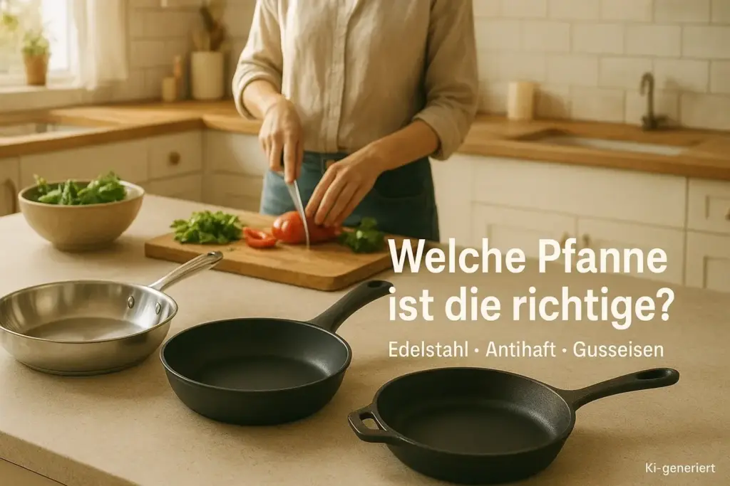 Drei neutrale Pfannen aus Edelstahl, mit Antihaftbeschichtung und Gusseisen auf einer Küchenarbeitsplatte – KI-generiert